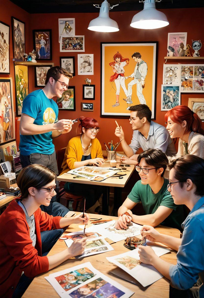 A vibrant and colorful scene depicting a diverse group of adults engaged in various forms of animation art, surrounded by anime-style posters and collectibles. They are animatedly discussing in a cozy, creative workshop filled with art supplies and sketches, with soft lighting illuminating their joyful expressions. Incorporate elements of fantasy and whimsy to reflect the niche entertainment aspect. super-realistic. vibrant colors. 3D.