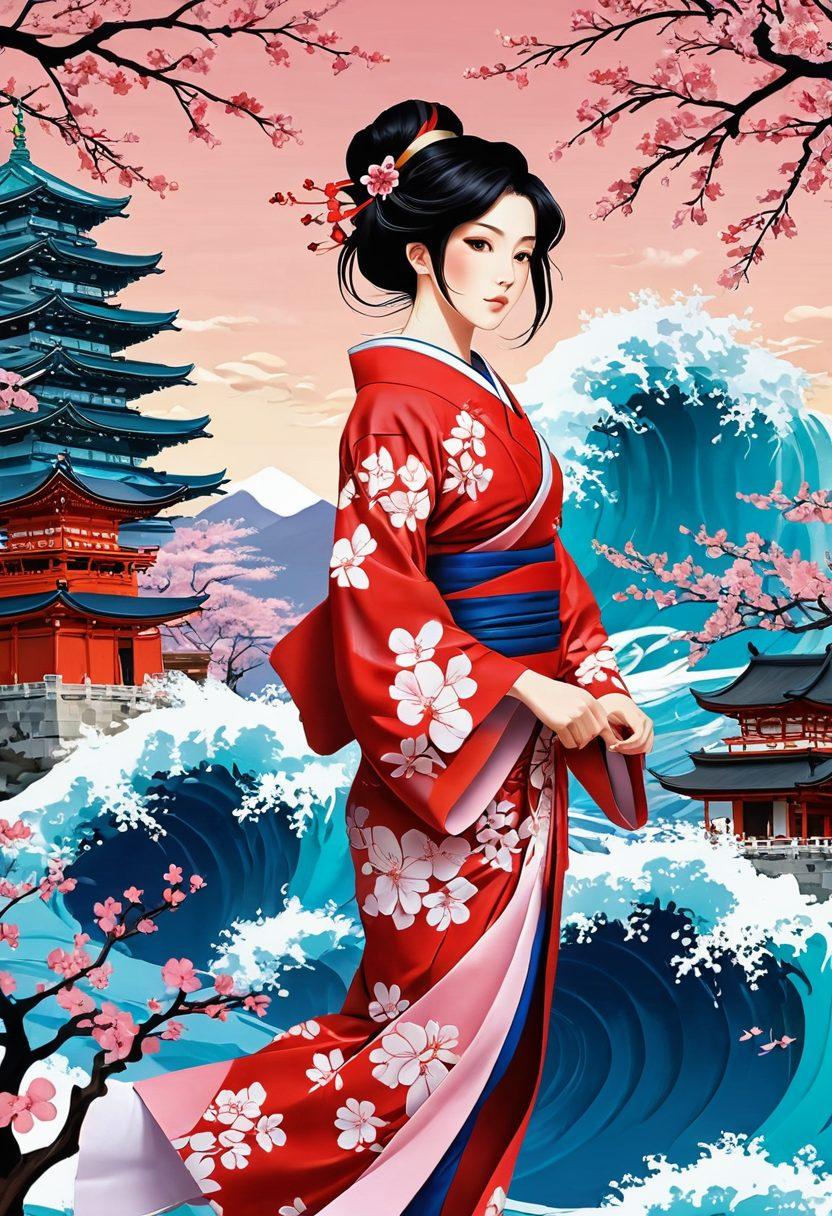 A vibrant collage showcasing iconic Japanese animated characters in dynamic poses, intertwining with traditional Japanese art elements like cherry blossoms and waves. Include a beautifully crafted background that fuses anime-style cityscapes with serene nature. Emphasize a sense of movement and creativity, capturing the essence of adult animation and anime culture. bold colors. super-realistic. pop art style.